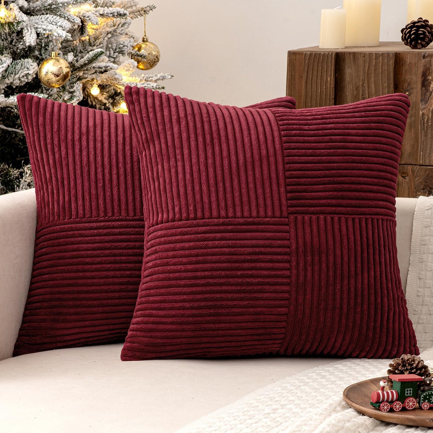 Christmas Burgundy Corduroy Pillow Covers Pack of 2 Boho Decorative Spliced Throw Pillow Covers Soft Solid Couch Pillowcases Cross Patchwork Cushion Covers for Living Room Bed Sofa 18X18 Inch