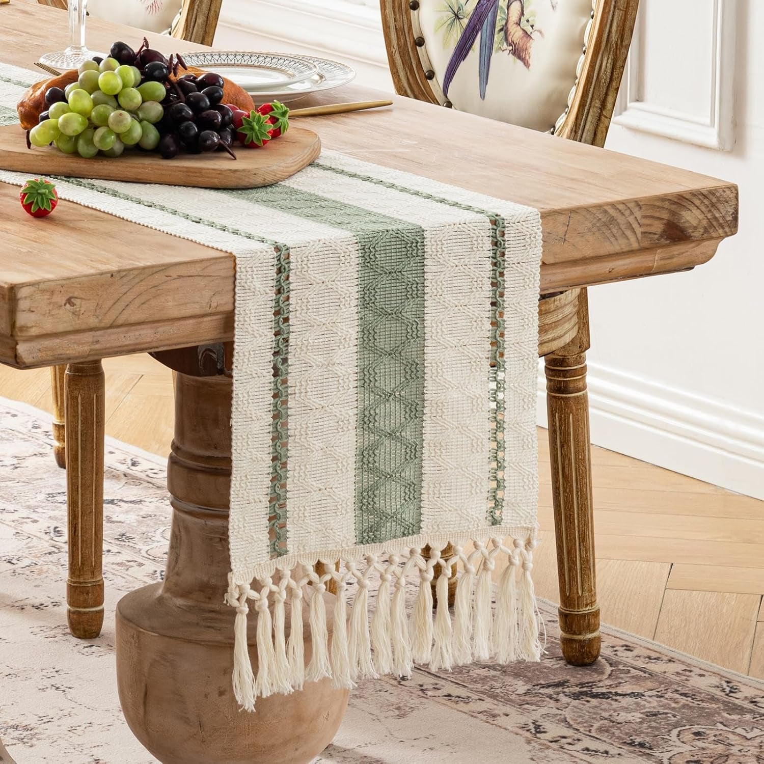 Sage Green Table Runner 72 Inches Long Boho Macrame Table Runner for Home Decor, Farmhouse Table Runners with Tassels for Party Bohemian Rustic Bridal Shower Dining Decor 12X72 Inches