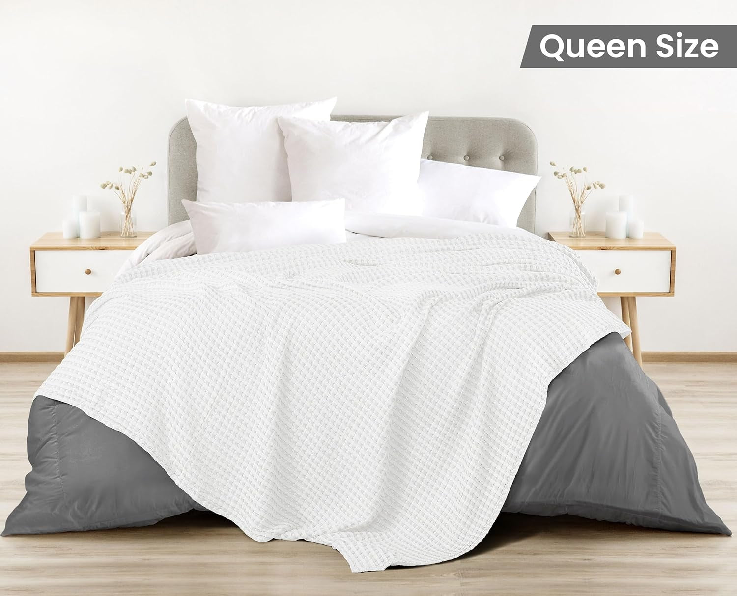 White 100% Cotton Waffle Blanket 300 GSM [Queen - 90X90 Inch] Soft Lightweight Breathable Bed Blanket for All Season