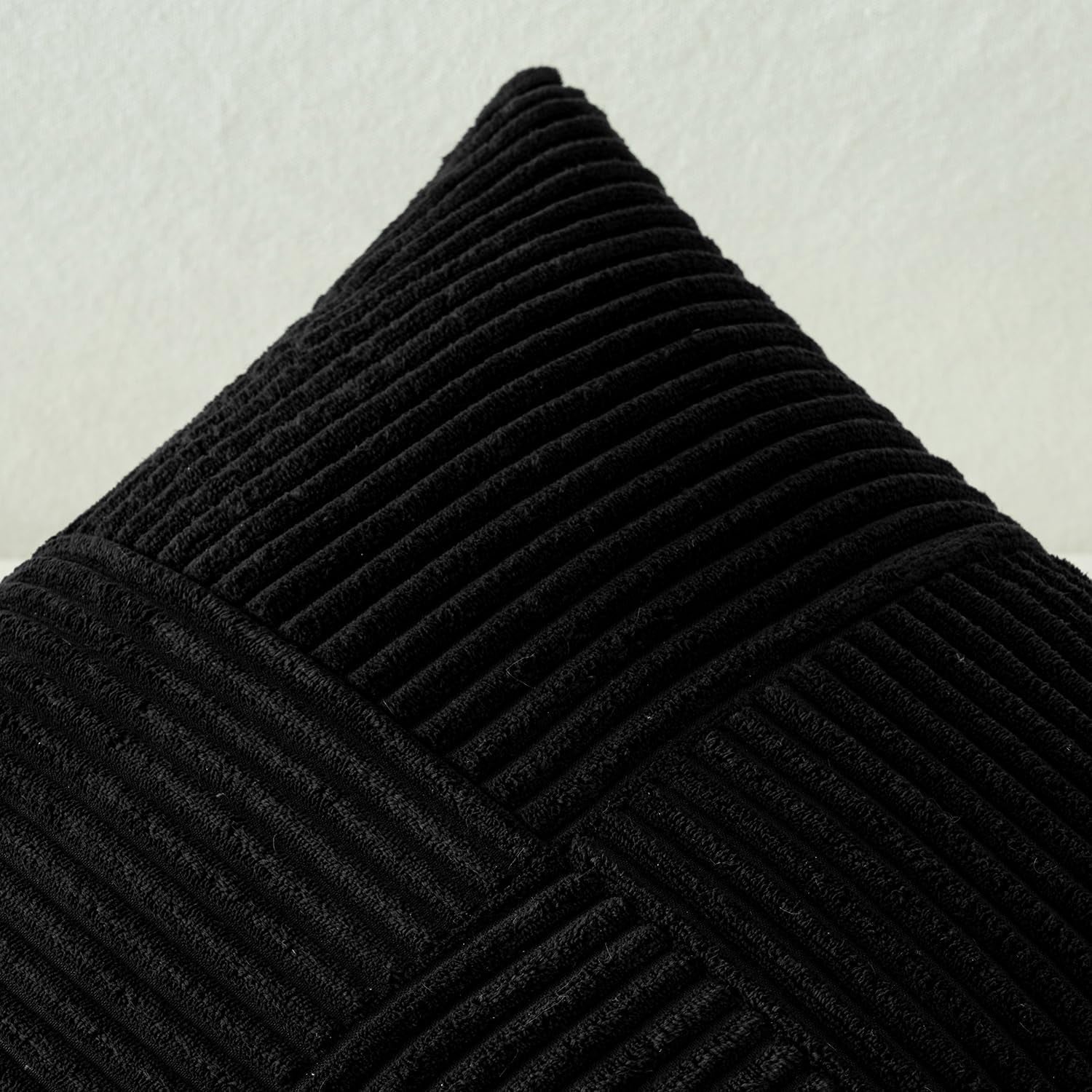 Black Corduroy Decorative Pillow Covers Set of 2, Bohemian Style Spliced Throw Pillowcases, Soft Solid Couch Cushion Covers with Cross Patchwork Texture for Living Room and Bedroom, 12x24 Inches