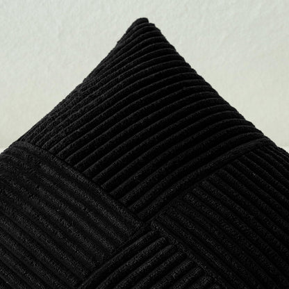 Black Corduroy Decorative Pillow Covers Set of 2, Bohemian Style Spliced Throw Pillowcases, Soft Solid Couch Cushion Covers with Cross Patchwork Texture for Living Room and Bedroom, 12x24 Inches