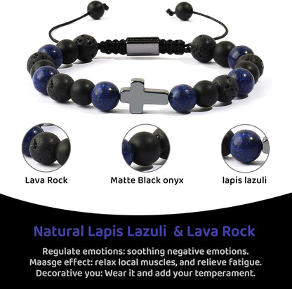 Cross Communion Beads Bracelets Gifts for Teenage Boys, Christian Baptism Lapis Lazuli Bracelets Gifts for Grandson Son Brother Cousin Teens Friends
