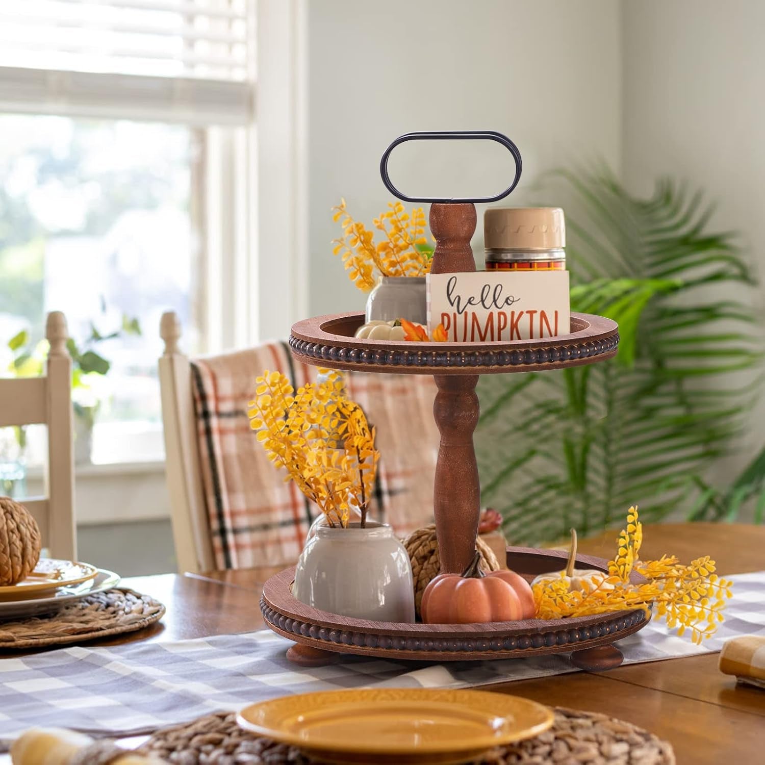 Wooden Decorative Tray Two Tiered Tray Decorations round Serving Tray with Metal Handle, Wooden Cupcake Stand for Party Tiered Dessert Stand - Dark Brown Farmhouse Wood Tray