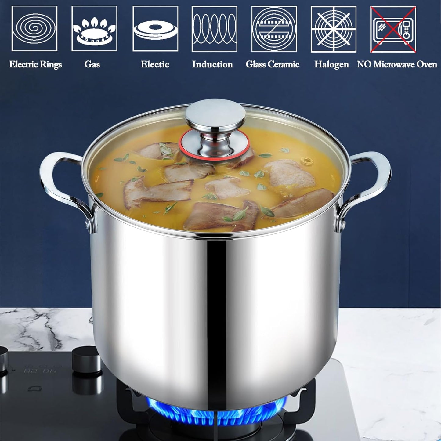 12 Quart Stainless Steel Stock Pot with Lid, Large Stockpot for Cooking Pasta Soup, Cookware for Induction Gas Electric Stoves, Visible Lid & Measuring Markings, Dishwasher Safe