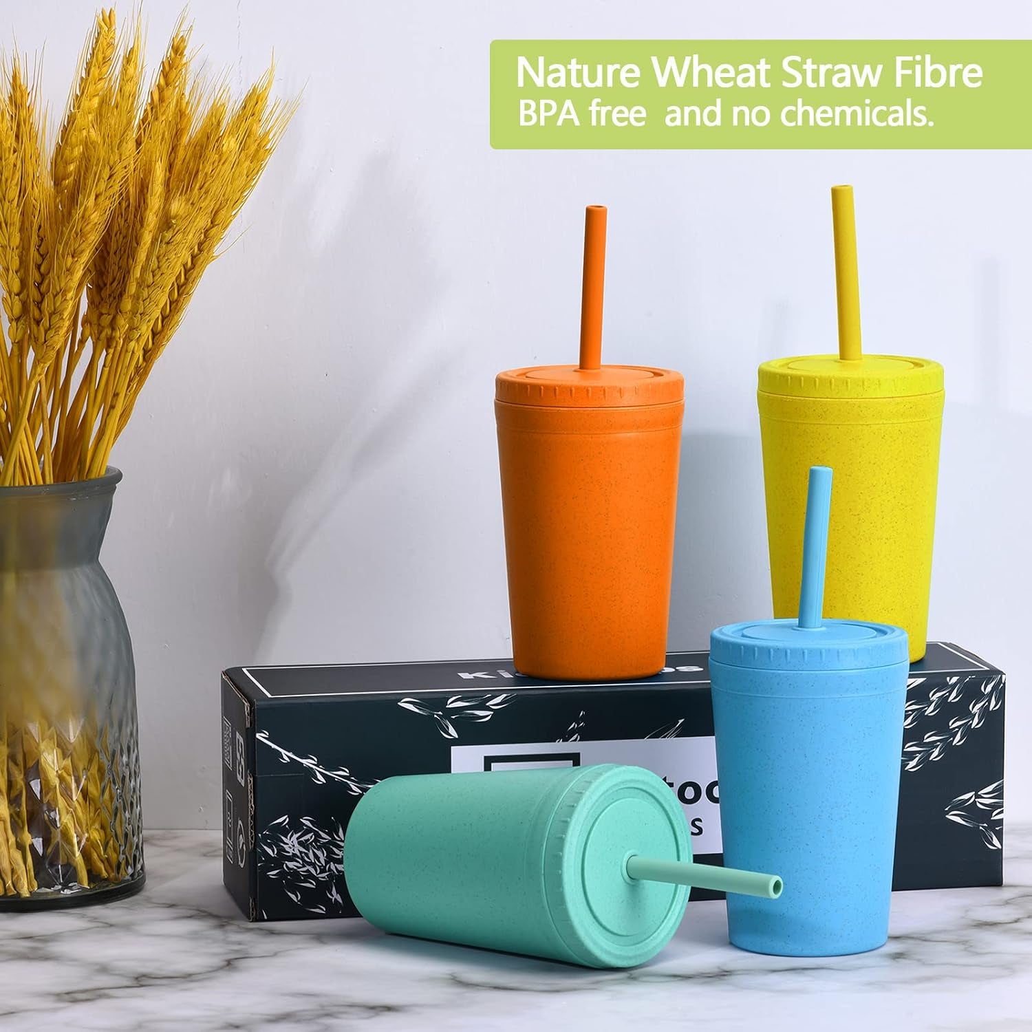 Reusable Wheat Straw Cups with Lids and Silicone Straws, 10 Oz Chip Resistant E-Co Friendly Small Water Cups for Milk, Drinks, Smoothies - 4 Colors