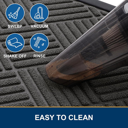 Front Door Mat outside Entrance, Heavy Duty Sturdy Natural Rubber Doormat, 29.5X17 Inch, Grey and Black, 2 Item Bundle