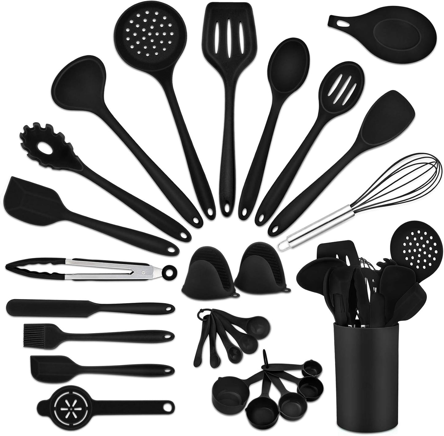 Kitchen Utensils Silicone Cooking Utensil Set, 28Pcs Baking Utensils Spatulas with Holder, Heat-Resistant & Non Toxic, Non-Stick & Dishwasher Safe, Black