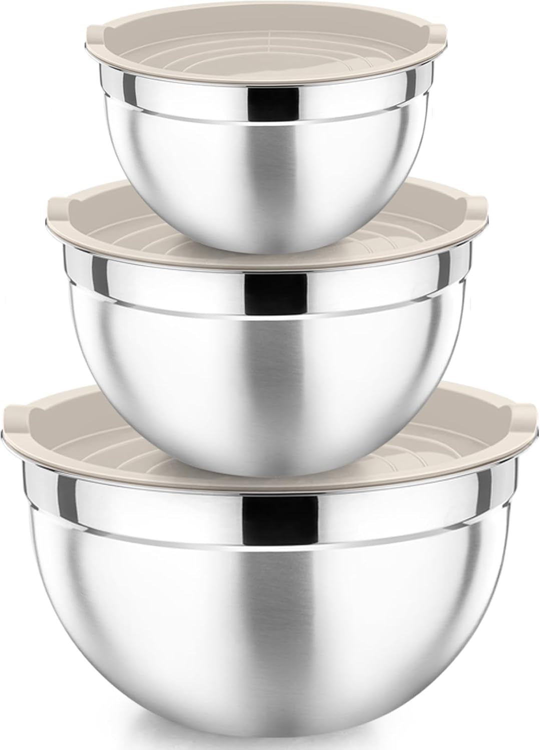 Khaki Mixing Bowls with Lids, Set of 3, Stainless Steel Salad Nesting Bowl for Mixing, Storing, Prepping, Airtight & Stackable, Size 4.6/3 /1.5 QT