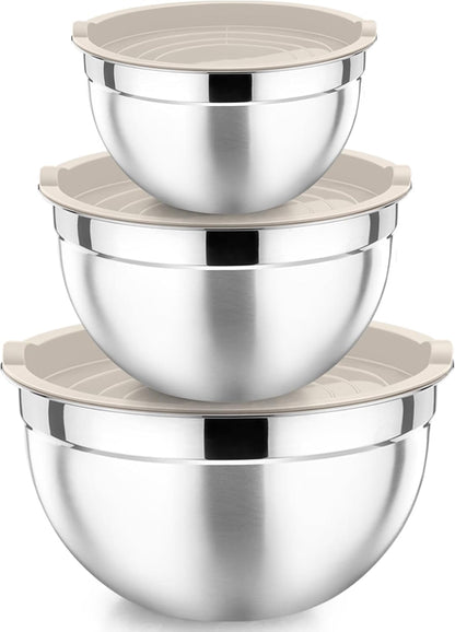 Khaki Mixing Bowls with Lids, Set of 3, Stainless Steel Salad Nesting Bowl for Mixing, Storing, Prepping, Airtight & Stackable, Size 4.6/3 /1.5 QT
