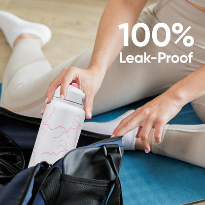 32 Oz Stainless Steel Insulated Water Bottle with Flip Straw and Handle, Leak-Proof, Reusable Wide Mouth Design for Travel, Gym, and School (Breeze Pink Bow)