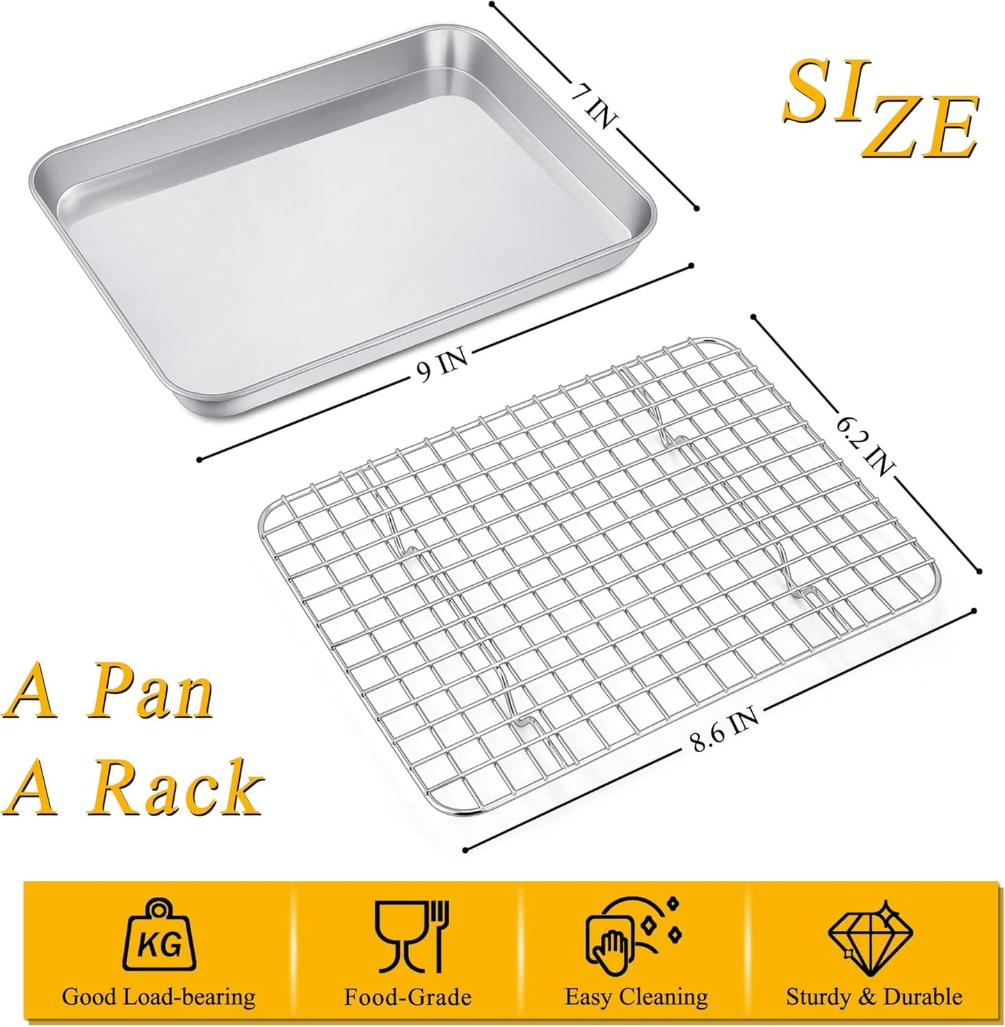 9 Inch Toaster Oven Pan with Rack Set, Stainless Steel Baking Pan Tray and Grid Cooling Rack for Cooking/Roasting, Dishwasher Safe & Easy to Clean, Non-Toxic & Sturdy, (2Pcs)