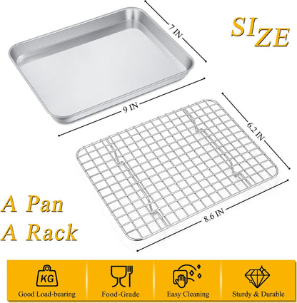 9 Inch Toaster Oven Pan with Rack Set, Stainless Steel Baking Pan Tray and Grid Cooling Rack for Cooking/Roasting, Dishwasher Safe & Easy to Clean, Non-Toxic & Sturdy, (2Pcs)