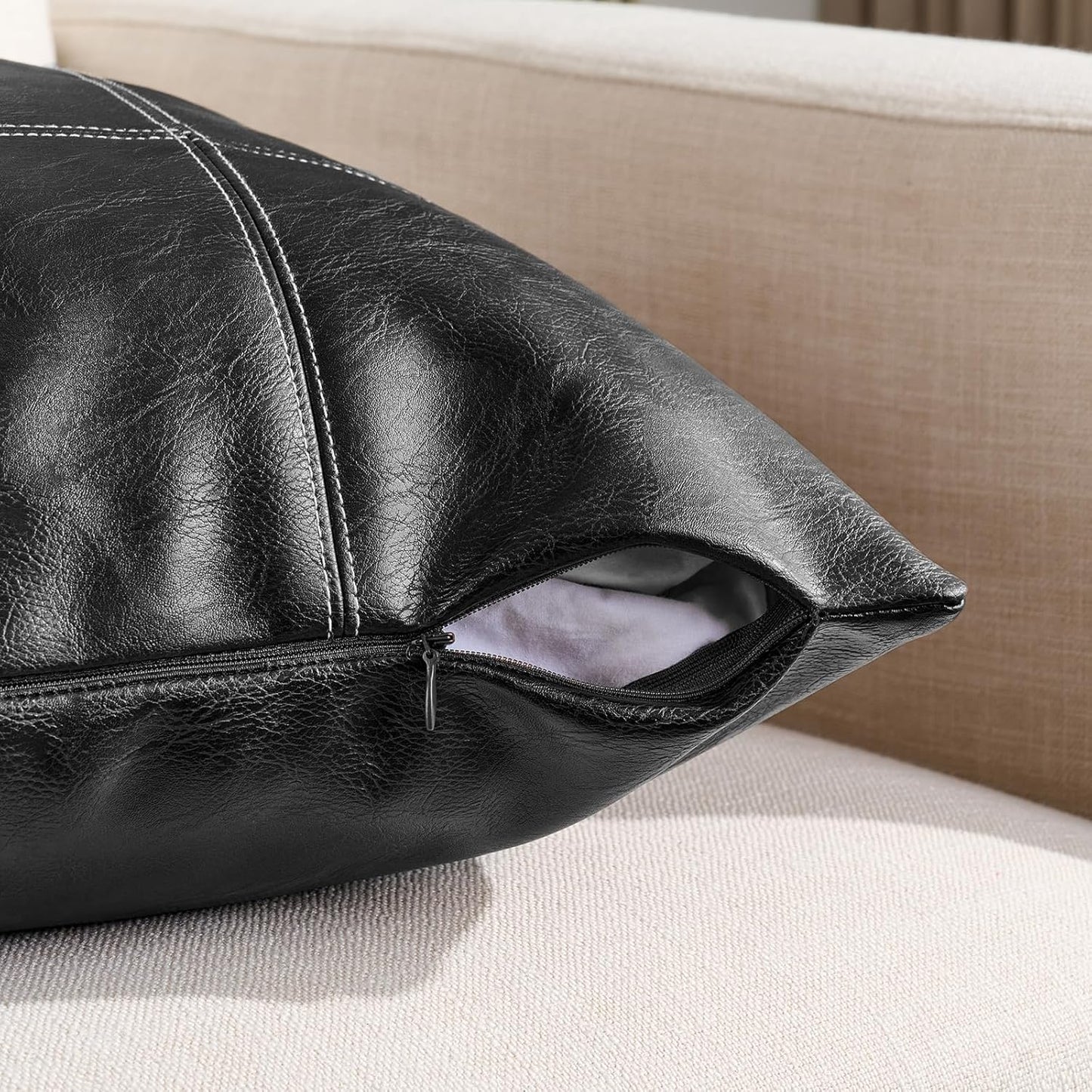 2 Packs Black Lumbar Plaid Faux Leather Decorative Throw Pillow Covers 12X20 Inch for Living Room Couch Bed Sofa, Boho Farmhouse Home Decor, Hand Stitched Rectangle Cushion Case 30X50 Cm