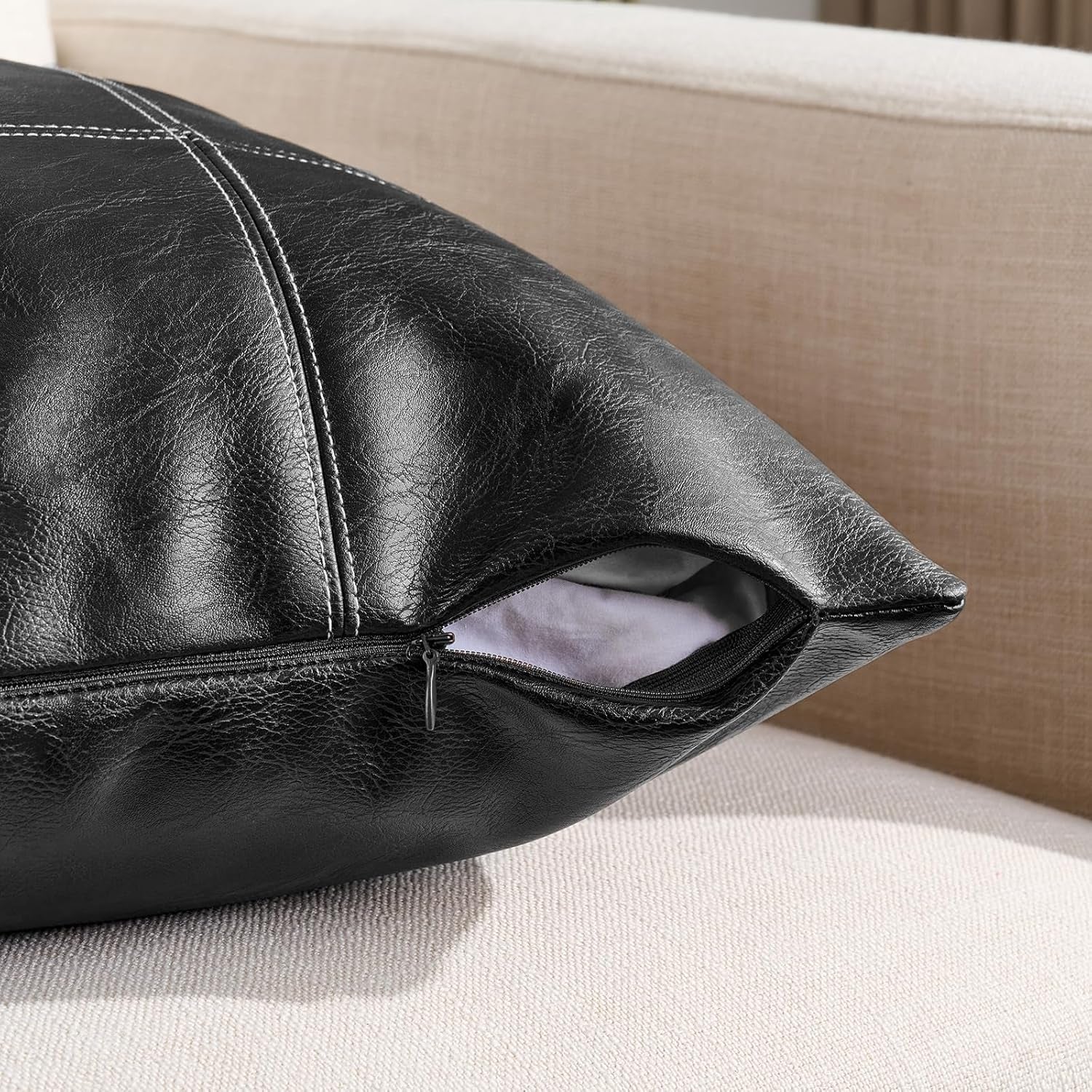 2 Packs Black Lumbar Plaid Faux Leather Decorative Throw Pillow Covers 12X20 Inch for Living Room Couch Bed Sofa, Boho Farmhouse Home Decor, Hand Stitched Rectangle Cushion Case 30X50 Cm