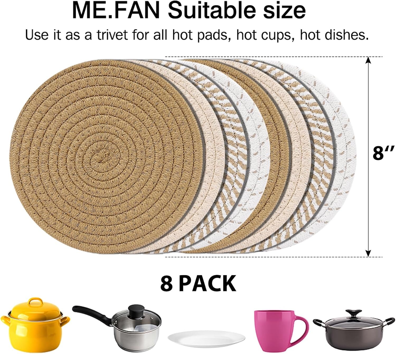 8 Inch Trivets for Hot Dishs, 8 Set Cotton Thread Weave Trivets for Hot Pans, Potholders, Large Coasters, Hot Pads, Hot Mats to Protect Desktop & Countertop, Kitchen Essentials Coffee
