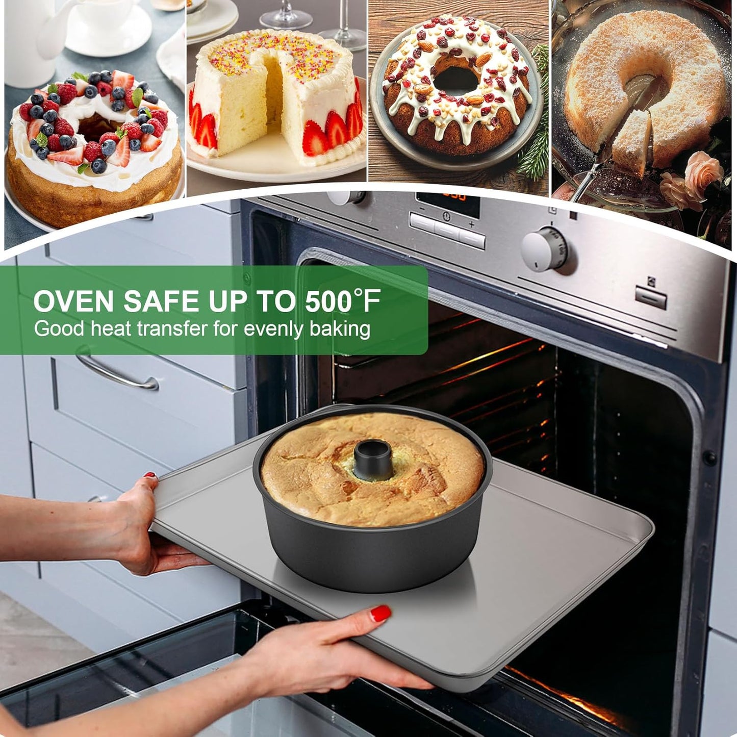 Angel Food Cake Pan, 10 Inch Cake Pan round Baking Tube Tin for Baking Pound Cakes, Conical Hollow & One-Piece Design, Stainless Steel Core & Heavy-Duty, Oven Safe - Black