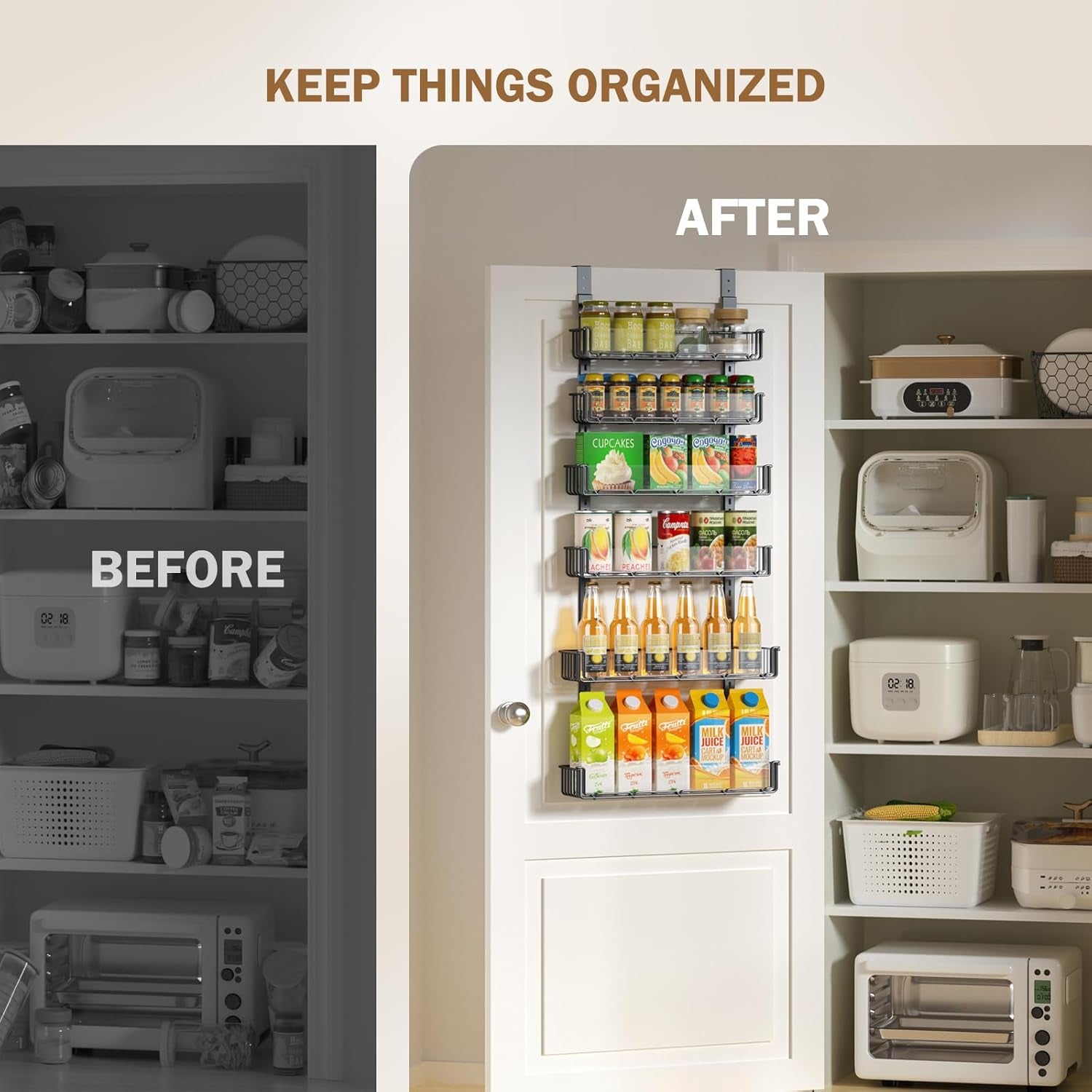 Adjustable over the Door Pantry Organizer with Clear Acrylic Panel, 6-Tier Pantry Organization and Storage for Kitchen, Hanging Spice Rack Seasoning Shelves for Cabinet, Easy Install, Black