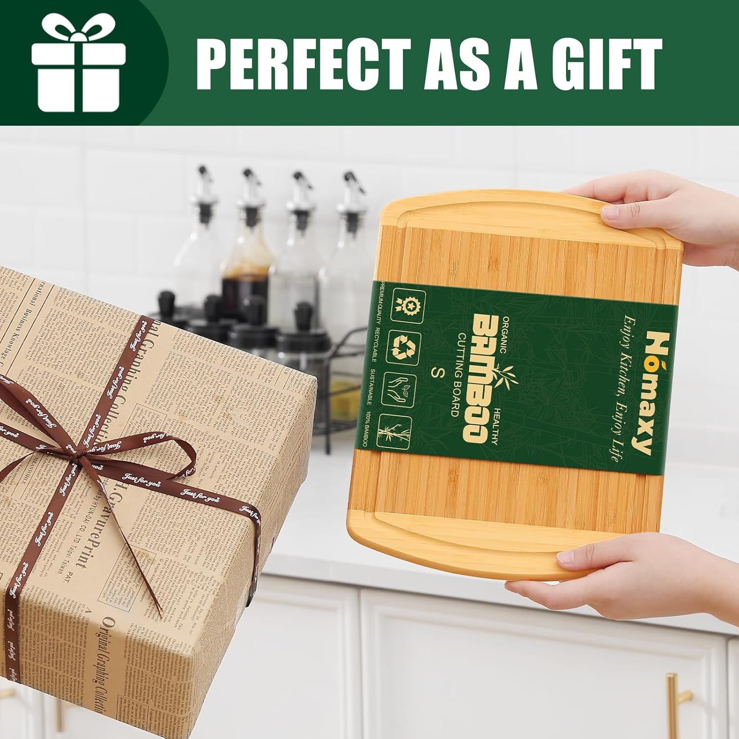 Bamboo Cutting Boards for Kitchen, 12X9" Wood Small Cutting Board with Juice Groove, Mini Wooden Butcher Block Chopping Board for Kitchen, Meat, Cheese, Fruit & Vegetables - Pre Oiled, Two-Tone