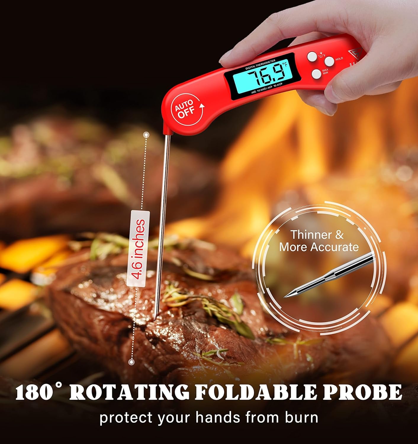 Digital Meat Thermometer, Instant Read Food Thermometers for Cooking, Kitchen Probe with Backlit & Reversible Display, Wide Temperature Range for Turkey, Grill, BBQ, Baking, Bread, Sourdough
