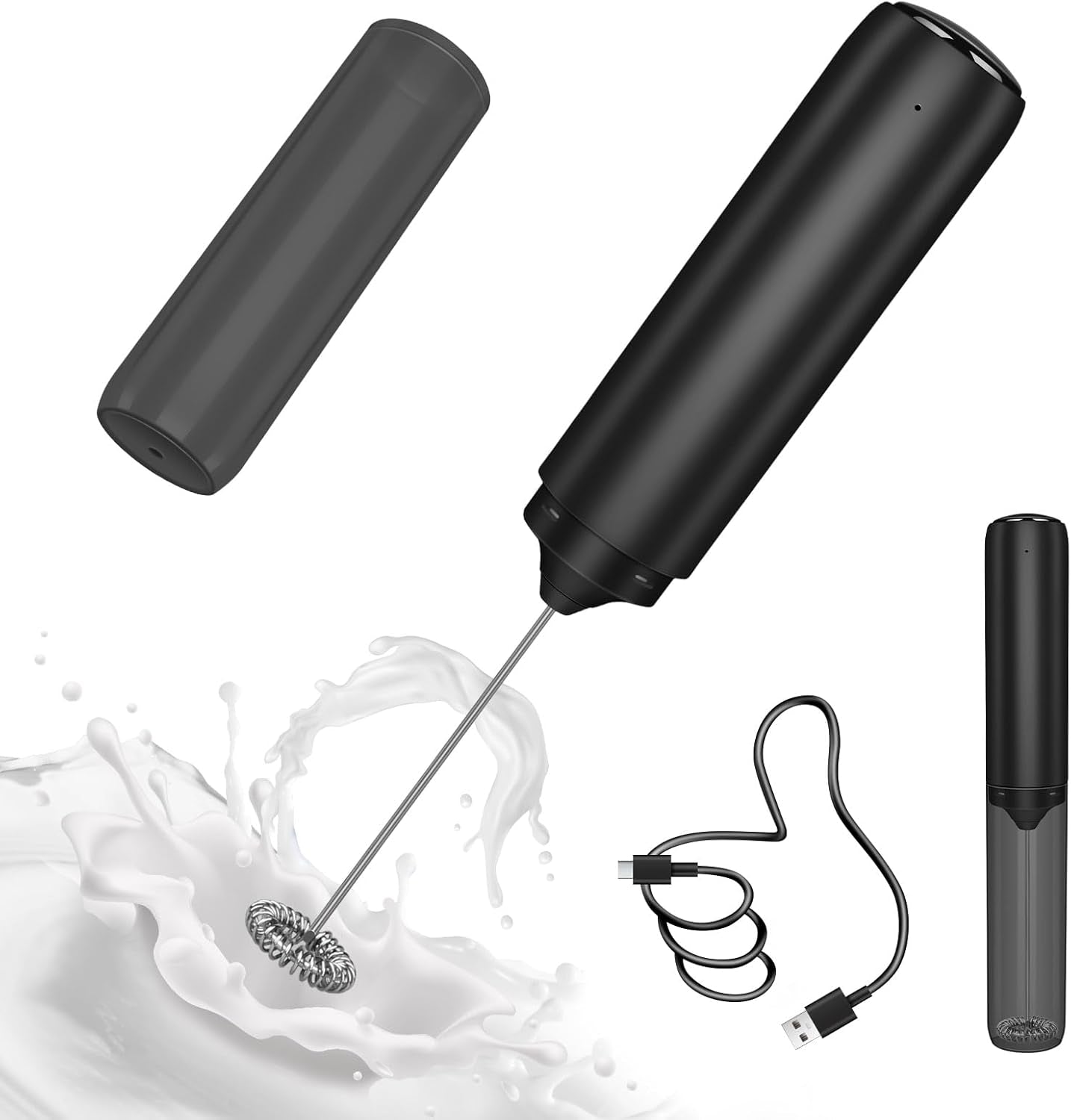 Milk Frother Handheld Rechargeable, Frother Wand with Storage Cover, Drink Mixer and Foamer for Coffee, Electric Whisk for Latte, Cappuccino, Matcha, Hot Chocolate, Protein Powder