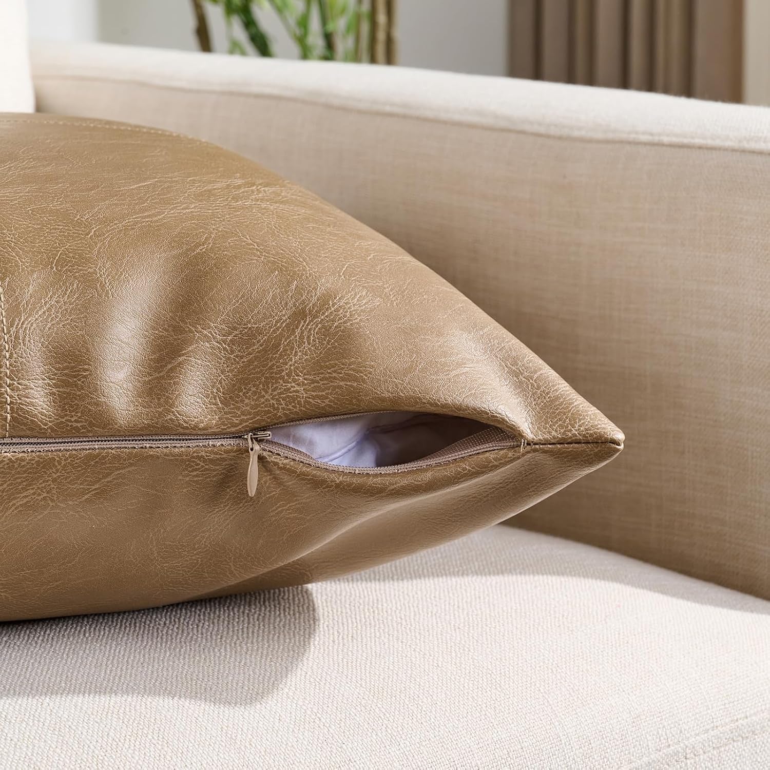2 Packs Tan Boho Lumbar Faux Leather Decorative Throw Pillow Covers 12X20 Inch for Couch Bed Sofa, Cross Patchwork Textured Rectangle Beige Cushion Case, Western Modern Farmhouse Home Decor