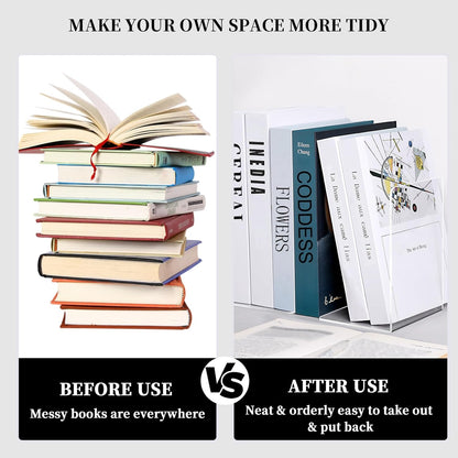 Book Ends 6 Pcs Acrylic Bookends Clear Book Holders for Shelves, Book Organizer with 24 Pcs Silicone Non-Slip Mats for Library Office School (5 * 5 * 7.3 Inch 3Mm Thickness 3 Pairs/ 6 Pcs)