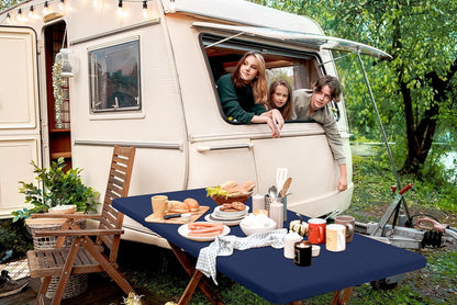 2 Pack 6 Foot Rectangle Elastic Fitted Tablecloth, Waterproof Fabric Table Cover, Washable Polyester Table Cloth for Picnic, Camping, Outdoor (Navy, 30" X 72")