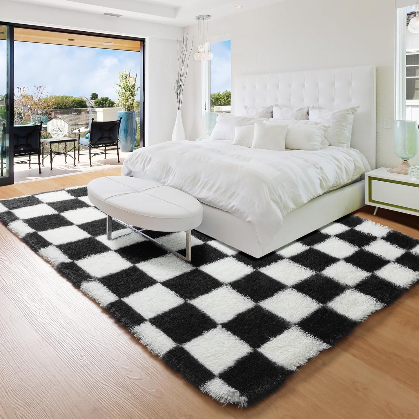 Black and White Checkered Fluffy Area Rug, 4x6 Soft Shag Carpet for Bedroom and Living Room, Plush Indoor Floor Decor for Kids and Teens