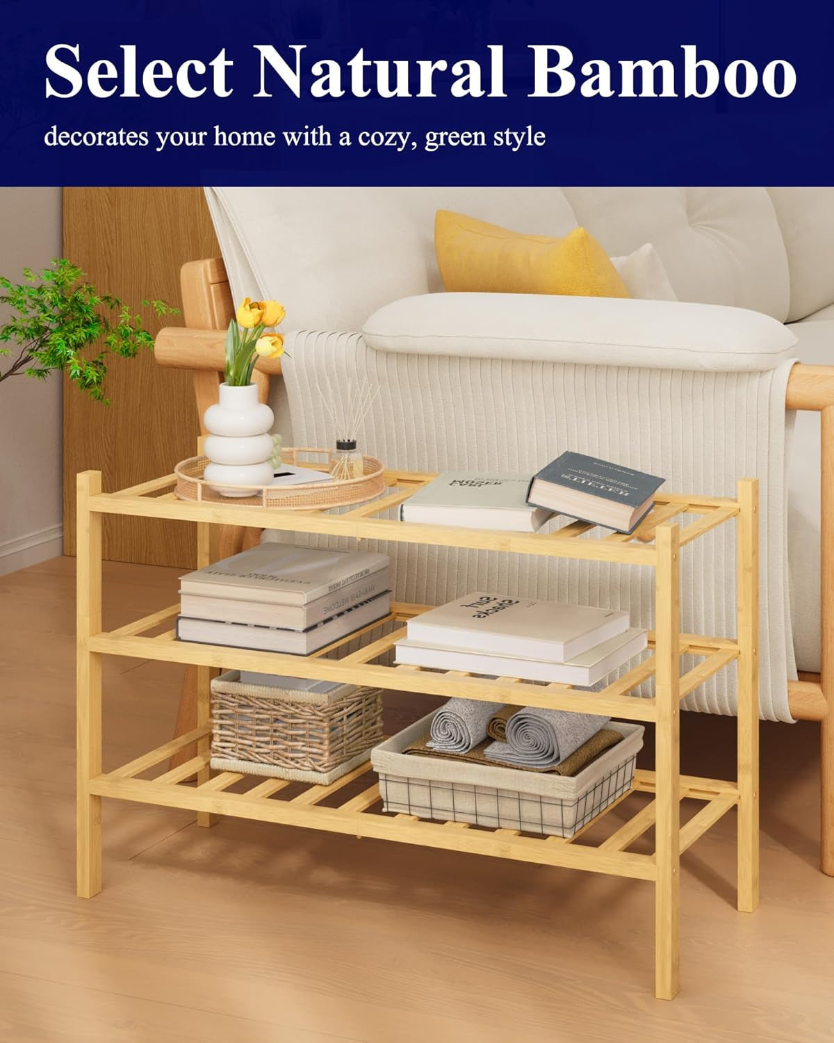 Bamboo Wooden Shoe Rack for Closet - Stackable Shoe Organizer with Modular Structure, Space-Saving Shoe Shelf for Entryway, Living Room, Bedroom, 26.8" X 11" X 18.9", Natural