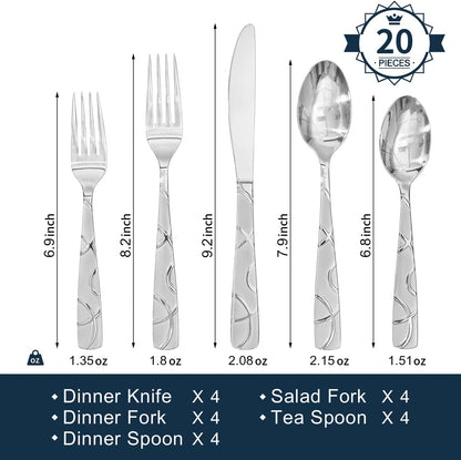 20-Piece Premium Stainless Steel Silverware Set for 4, Mirror Polished Flatware with Spoons, Forks, and Knives, Modern Kitchen Utensils