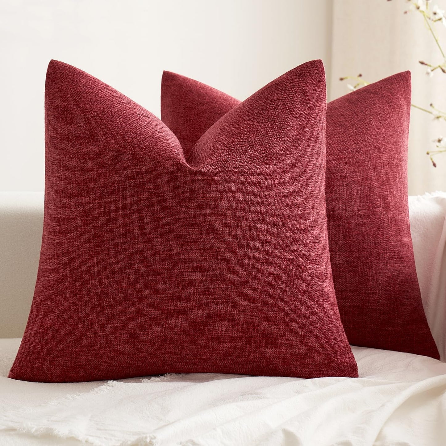 Pack of 2 Decorative Farmhouse Linen Pillow Covers Rustic Boho Accent Outdoor Couch Throw Pillow Covers for Cushion Bed Sofa Living Room Home Decor 20X20 Inch Burgundy