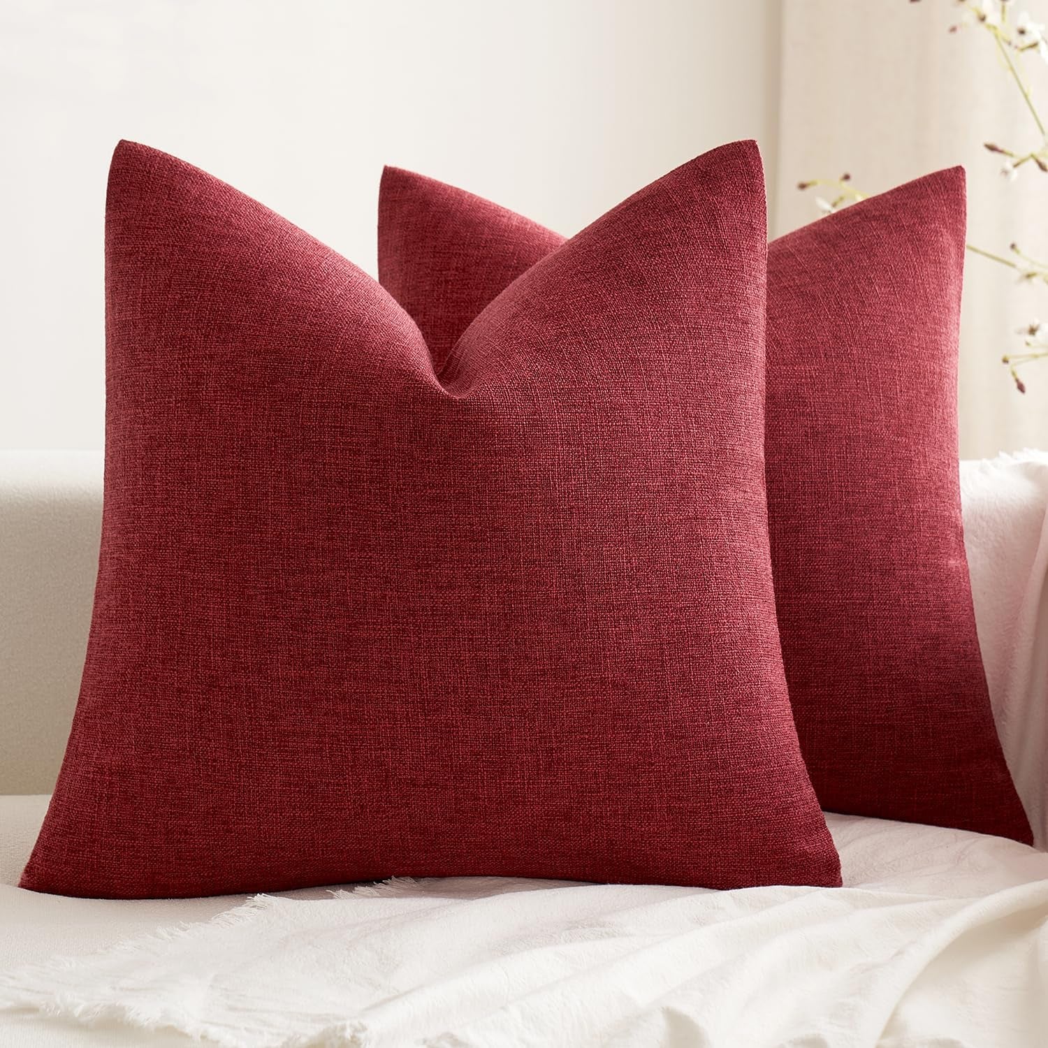 Pack of 2 Decorative Farmhouse Linen Pillow Covers Rustic Boho Accent Outdoor Couch Throw Pillow Covers for Cushion Bed Sofa Living Room Home Decor 20X20 Inch Burgundy