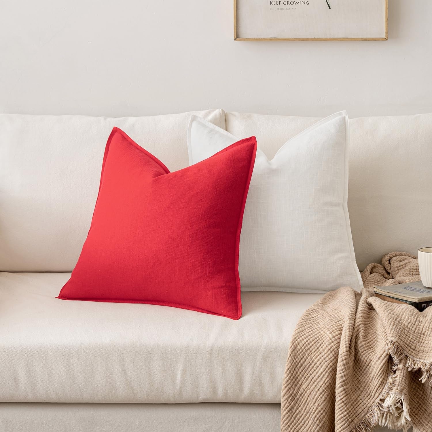 Set of 2 Decorative Linen Pillow Covers, 18x18 Inches, Red Farmhouse Solid Neutral Throw Pillowcases for Sofa, Couch, and Bed Decor in Living Room