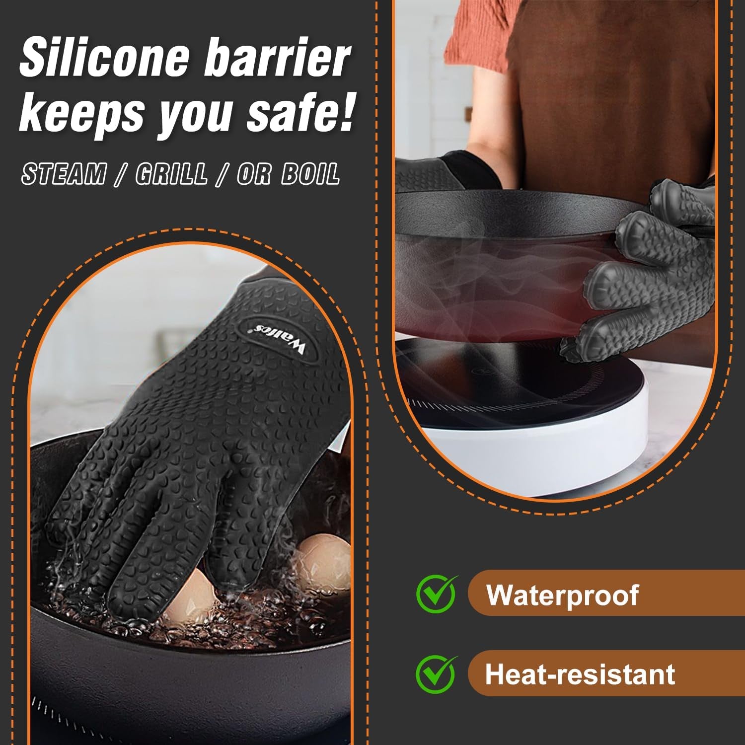 Silicone BBQ Gloves - Heat Resistant Grilling Gloves, Premium Non-Slip Kitchen Silicone Oven Mitt with Protective Cotton Layer Inside, Waterproof, Great for Grilling, Kitchen and Cooking, Black