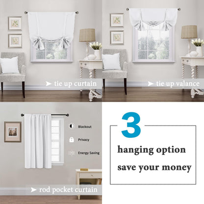 White Blackout Tie up Curtains Thermal Insulated Balloon Roman Shade Bathroom Window Adjustable Rod Pocket for Small Window 42 Inch by 45 Inch,Pure White