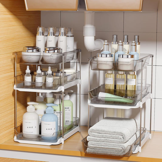 2 Sets of 3-Tier Bathroom under Sink Organizers and Storage, Multi-Purpose Stackable Pantry Organization and Storage, Grey