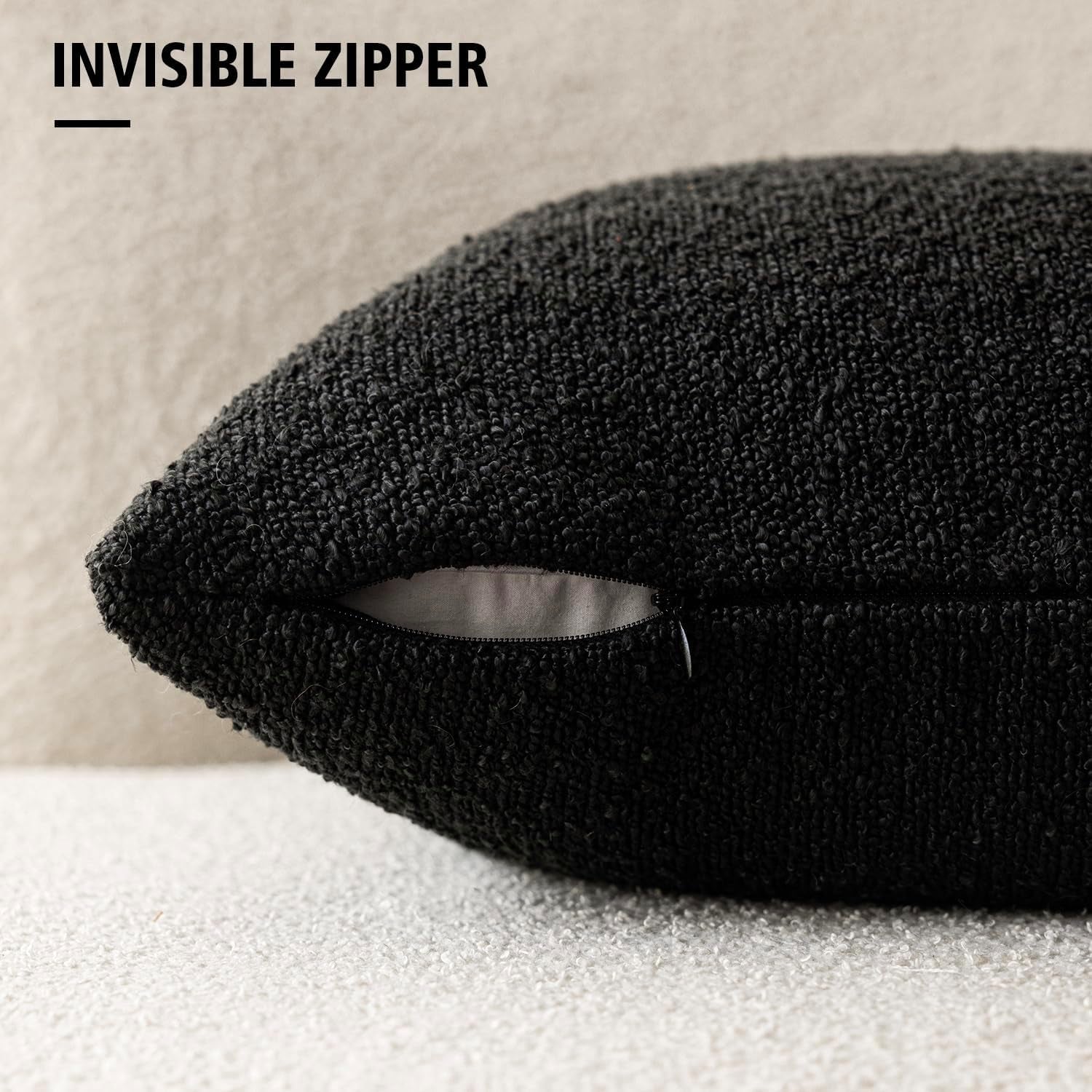 Decorative Textured Boucle Throw Pillow Covers Accent Solid Lumbar Pillow Cases Neutral Soft Cozy Couch Cushion Case for Chair Sofa Bedroom Living Room Home Decor 12 X 20 Inch,Black