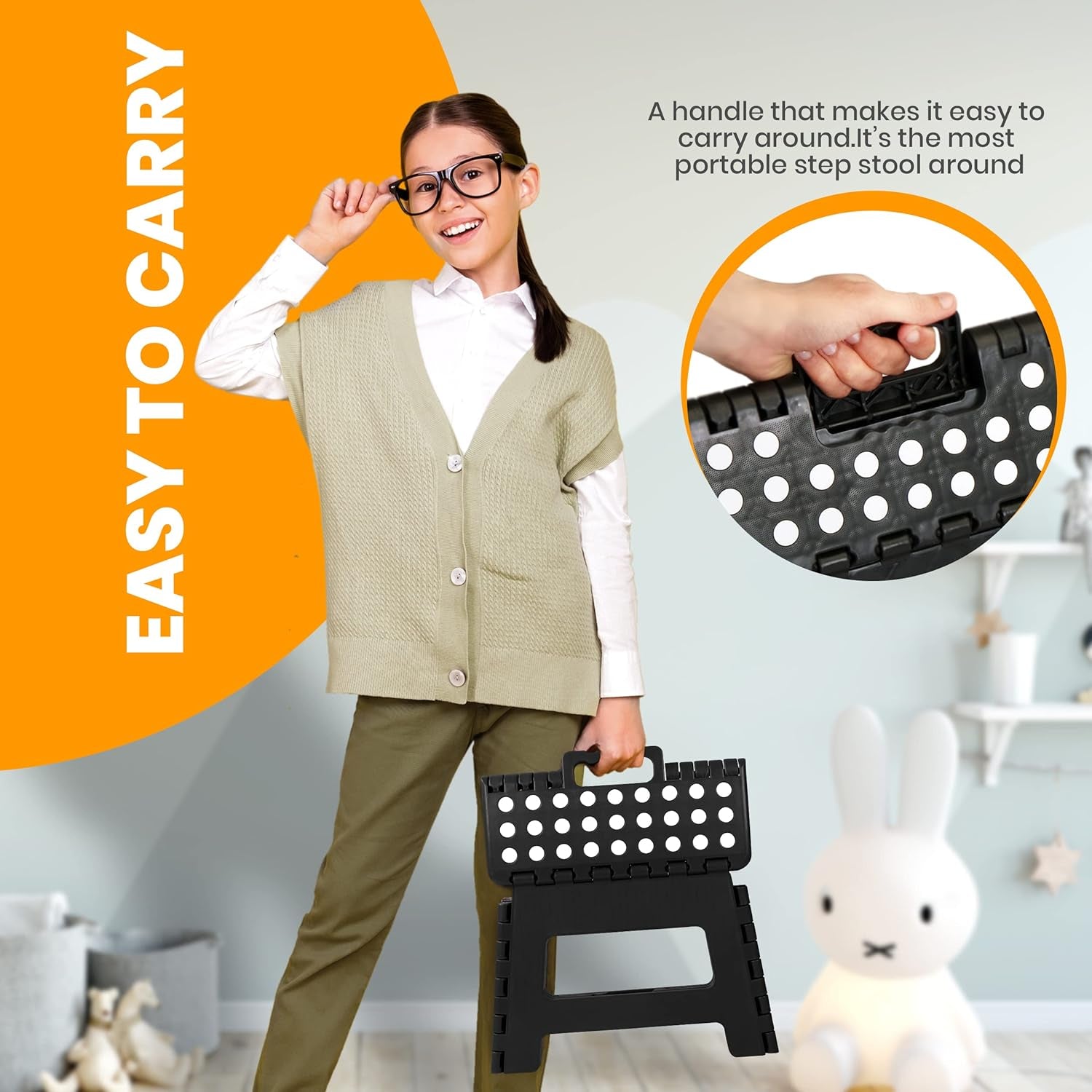 Folding Step Stool - (Pack of 2) Foot Stool with 9 Inch Height - Holds up to 300 Lbs - Lightweight Plastic Foldable Step Stool for Kitchen, Bathroom & Living Room (Black)