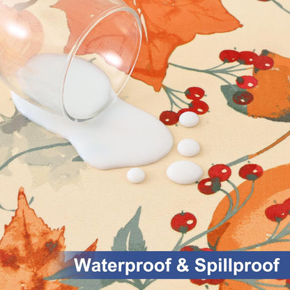 round Fabric Fitted Tablecloth, Elastic Waterproof Oil Proof Table Cloth, Washable Polyester Table Cover Fits 36"-44" round Tables for Outdoor Picnic Dinner, Pumpkin Vine