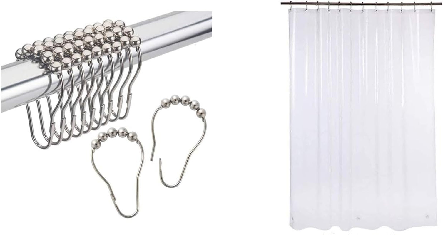 2-Piece Chrome Shower Curtain Bundle: Rust-Resistant Metal Glide Shower Hooks & EVA 8G Clear Shower Curtain with Heavy Duty Stones