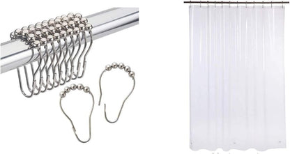 2-Piece Chrome Shower Curtain Bundle: Rust-Resistant Metal Glide Shower Hooks & EVA 8G Clear Shower Curtain with Heavy Duty Stones