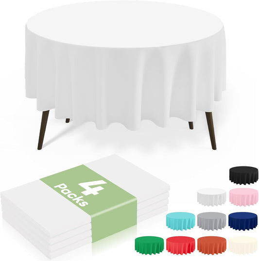 4 Packs Disposable Plastic Table Cloth, 84" round Waterproof Tablecloth, Leakproof & Sturdy Decorative Table Covers for Picnic, Party and Outdoor, White