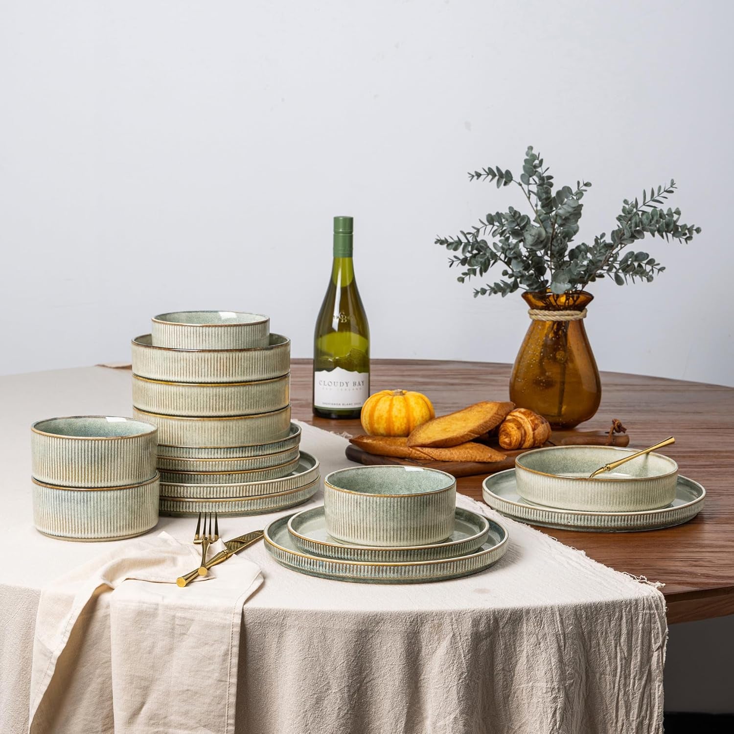 Stoneware Dinnerware Set for Four - Round Reactive Glaze Ceramic Plates and Bowls, 12-Piece Set, Highly Scratch Resistant, Dishwasher and Microwave Safe