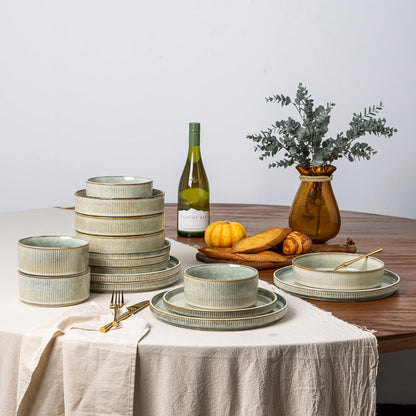 Stoneware Dinnerware Set for Four - Round Reactive Glaze Ceramic Plates and Bowls, 12-Piece Set, Highly Scratch Resistant, Dishwasher and Microwave Safe