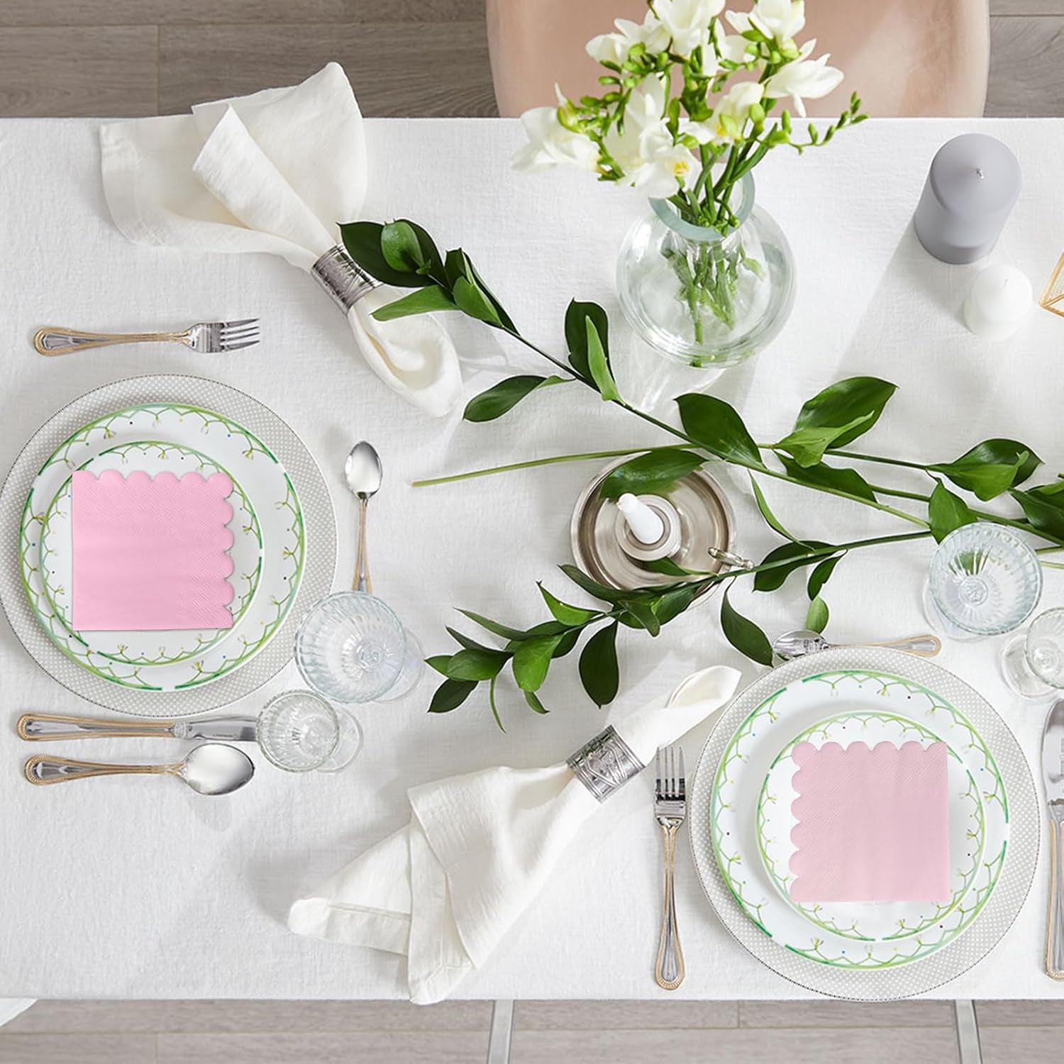 100 Pcs 2-Ply Pink Scalloped Sage Cocktail Napkins Thick Paper Napkins Disposable Party Napkins Beverage Napkins for Birthday, Wedding,Anniversary Party, Baby Shower 5 X 5 Inches (Light Pink)