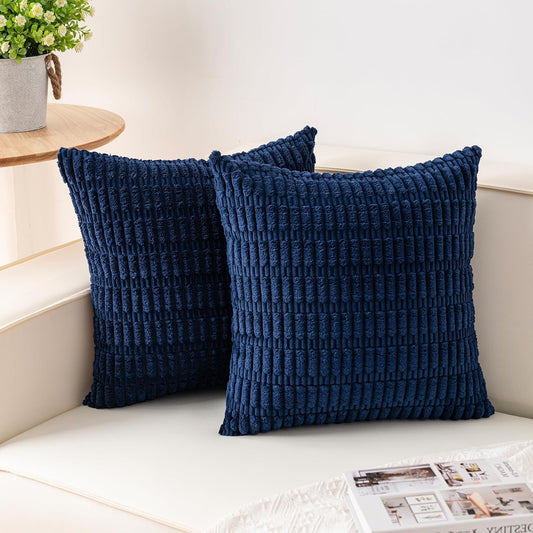 Pack of 2 Corduroy Decorative Throw Pillow Covers 18X18 Inchsoft Boho Striped Pillow Covers Modern Farmhouse Home Decor for Sofa Living Room Couch Bed（Blue）