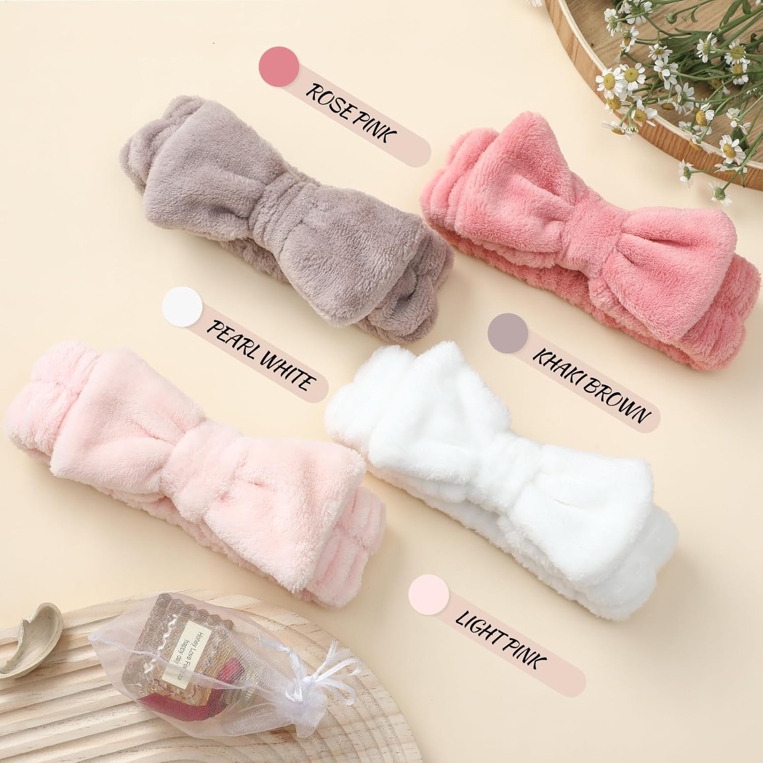 4 Pack Spa Headband for Washing Face, Girls Makeup Bow Tie Hair Band, Microfiber Women Headbands, Elastic Headband to Skincare, Gifts for Teen Girls- White, Brown, Rose Pink, Light Pink