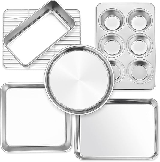 6-Piece Small Toaster Oven Pan Set, Stainless Steel Bakeware Set, Toaster Oven Tray with Rack, Square/Round Cake Pan, Loaf Pan & Muffin Pan, Non Toxic & Easy Clean