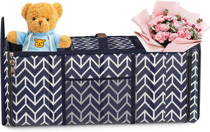 Foldable Car Trunk Organizer and Insulation Cooler Bag with Collapsible Design and Three Compartments for SUV Storage, Navy Blue
