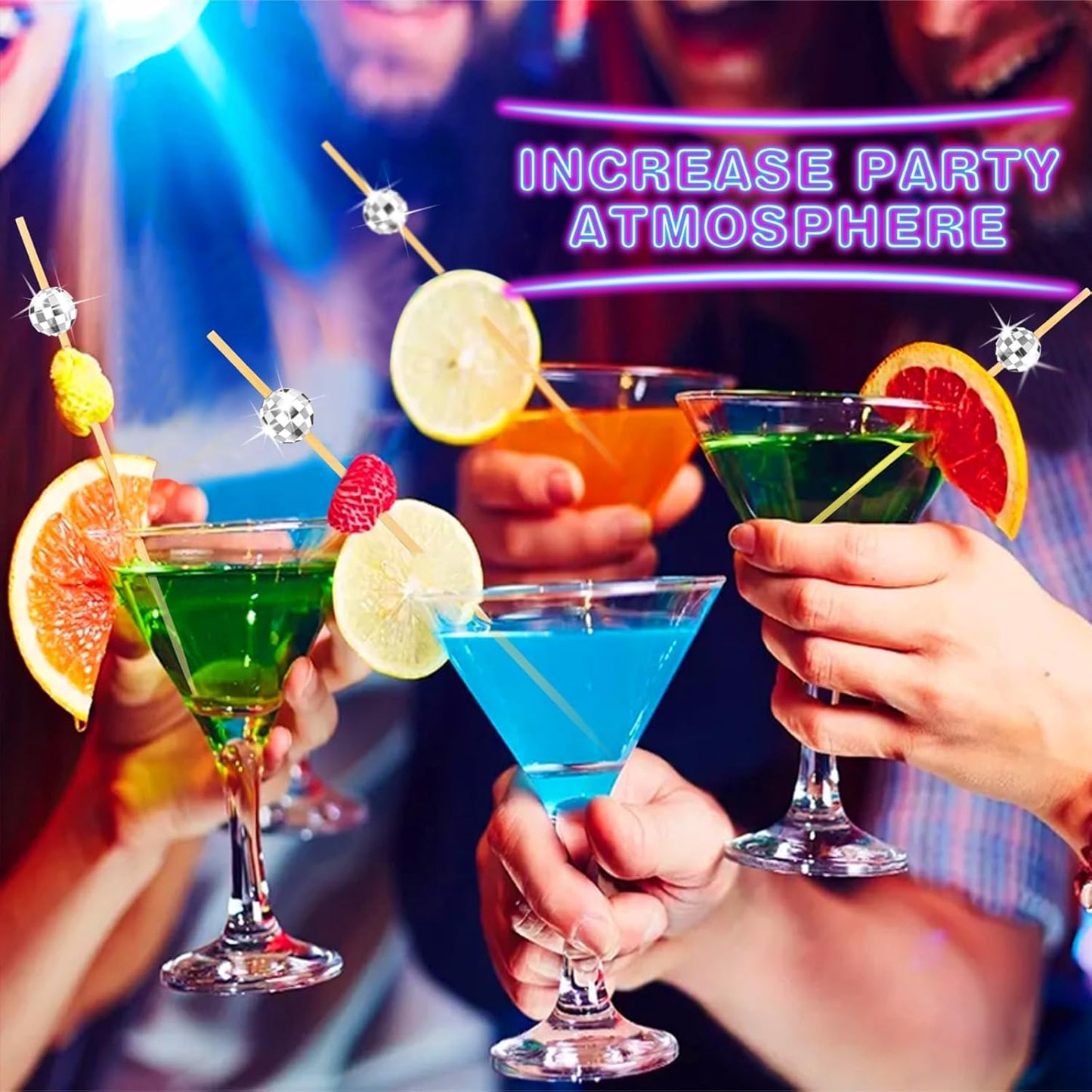 Cocktail Picks, Disco Ball Decorative Toothpicks for Appetizers, Fancy Bamboo Skewers for Appetizers Drinks Food Disco Party Decorations, 4.7 Inch Long Silver Wooden Cocktail Sticks 100PCS